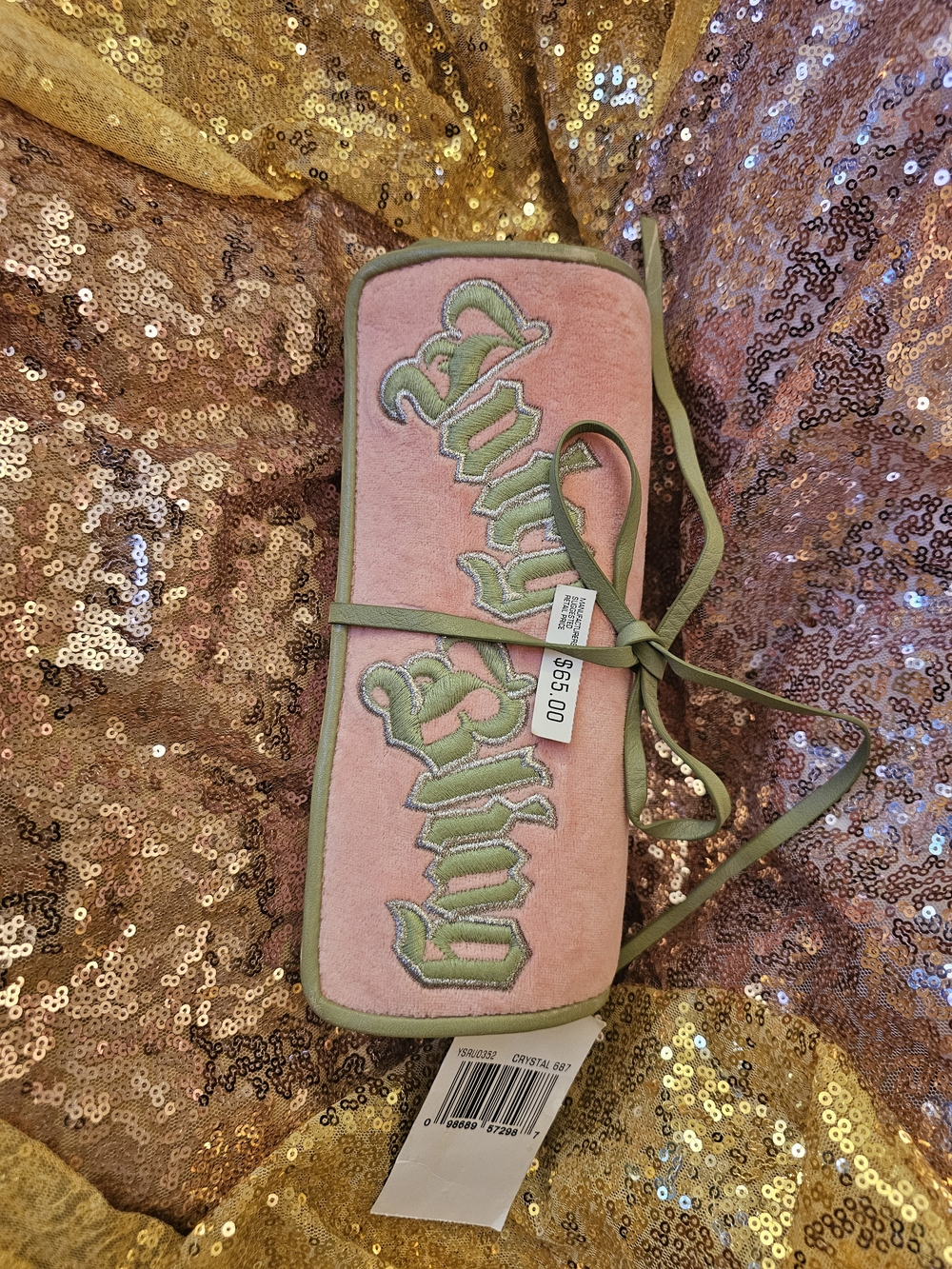 Juicy Couture Pink Velvet Roll-Up Pouch with Green Trim